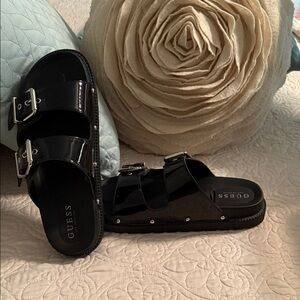 GUESS Shiny Black Slide Sandals with Buckles